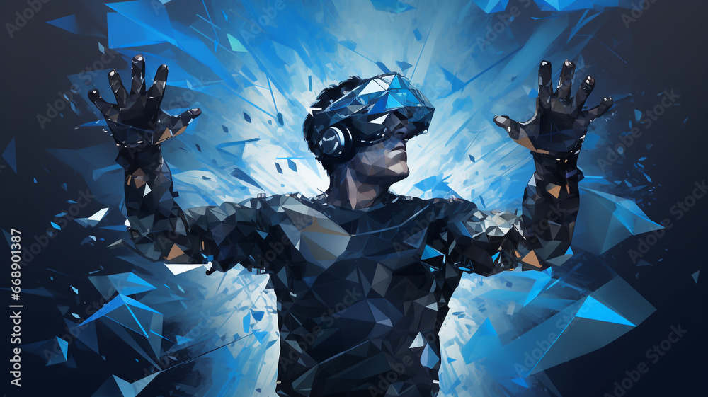 Fototapeta premium A man wearing a virtual reality headset, his skin appearing to be composed of fragmented shards of glass, creating a striking and surreal visual impression. 