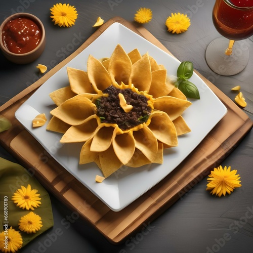 A plate of nachos that looks like a sunflower, with cheese petals and salsa center1 photo