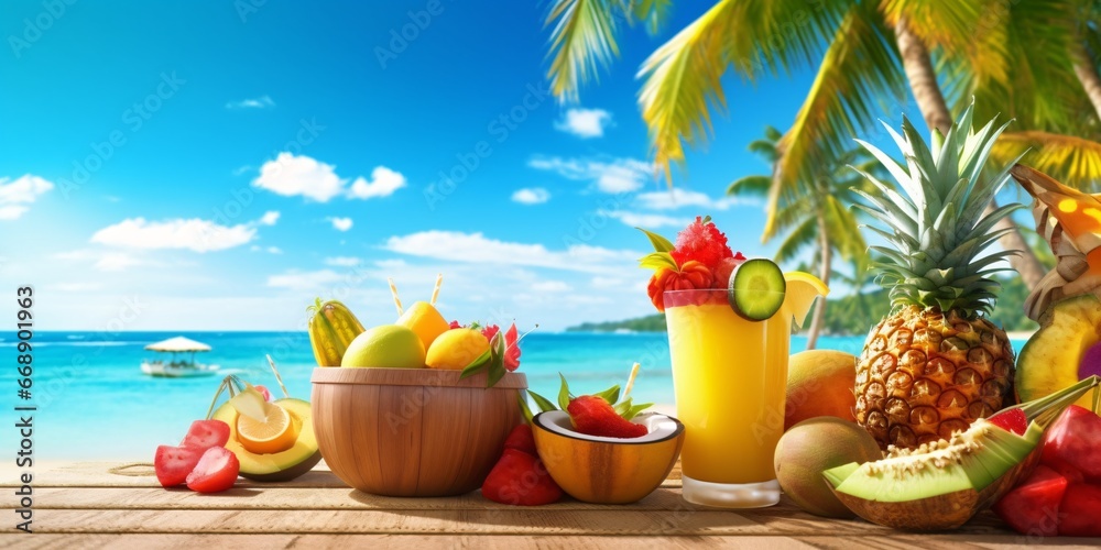 Tropical themed composition of exotic fruits. Tropical fruits against a background of blue sky and ocean. Tropical fruit juices and cocktails. 