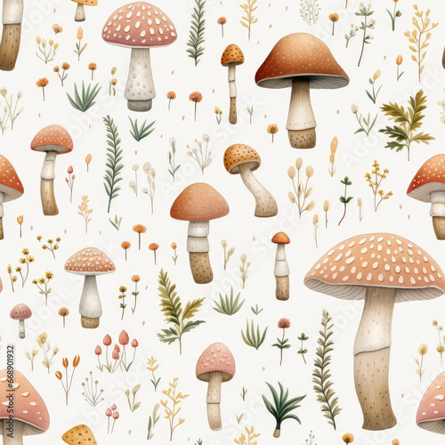 Mushrooms, Seamless Pattern, White Background