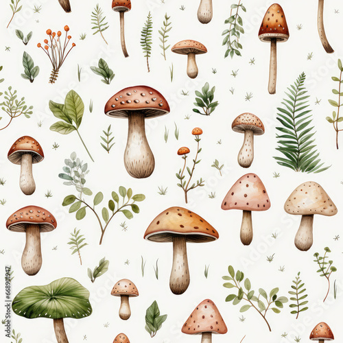 Mushrooms, Seamless Pattern, White Background