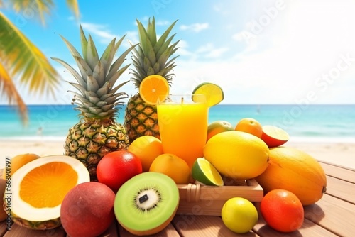 Tropical themed composition of exotic fruits. Tropical fruits against a background of blue sky and ocean. Tropical fruit juices and cocktails.