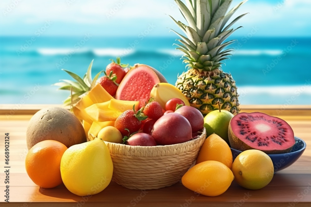 Tropical themed composition of exotic fruits. Tropical fruits against a background of blue sky and ocean. Tropical fruit juices and cocktails.