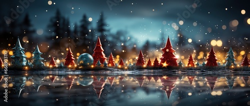 Enchanting winter scene with sparkling trees  glimmering ornaments  and starry night backdrop. Perfect for festive designs.