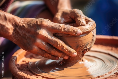 Close-up of hands making clay pots