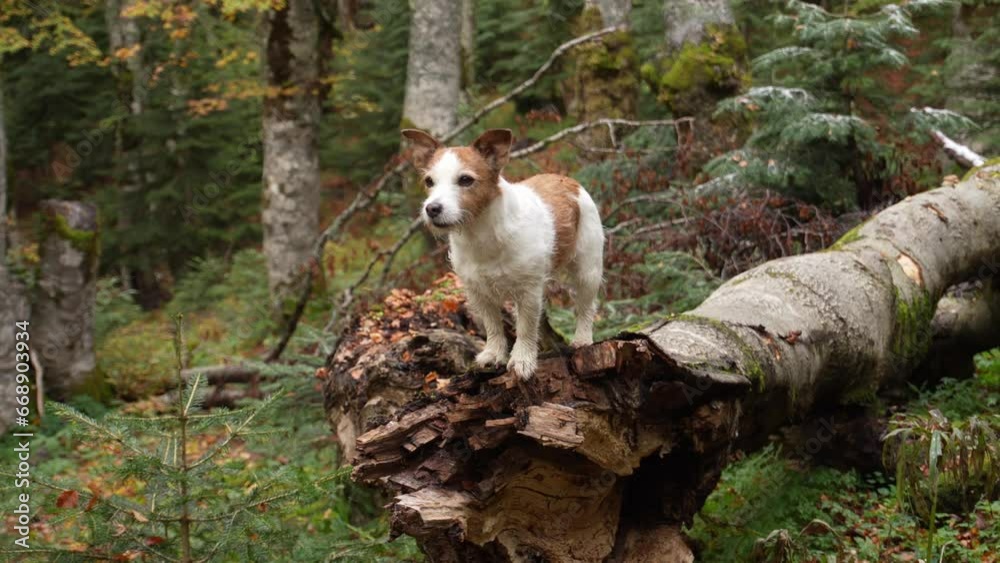 Dog in Forest: A white and brown dog stands atop a fallen log surrounded by autumn trees. The vibrant colors and peaceful setting showcase the essence of fall in the woods. Dog in Forest: A white and brown dog stands atop a fallen log surrounded by autumn trees. The vibrant colors and peaceful setting showcase the essence of fall in the woods.