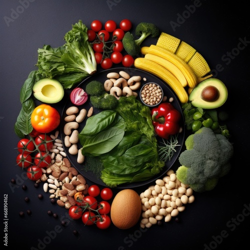 A black plate topped with assorted fruits and vegetables. Veganuary  vegan January.