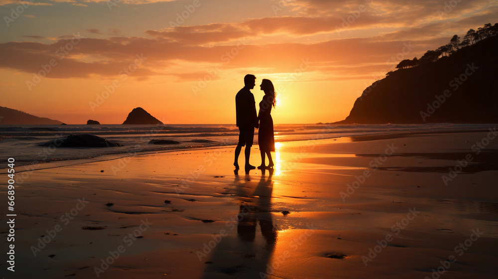 Fototapeta premium Silhouette of a couple on the beach at sunset