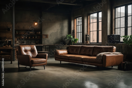 
Living room interior Gritty Industrial Oasis, 3d render, generated with AI