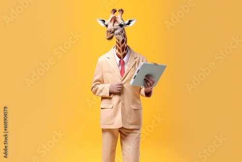 happy cute giraffe holding papers as a manager