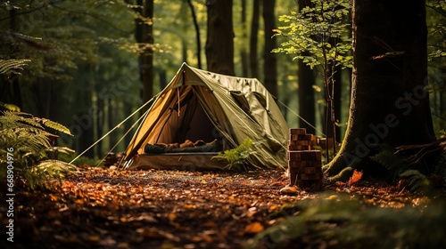 Fototapeta Naklejka Na Ścianę i Meble -  Camping tent campground in outdoor forest, nature background summer trip camp travel adventure vacation
