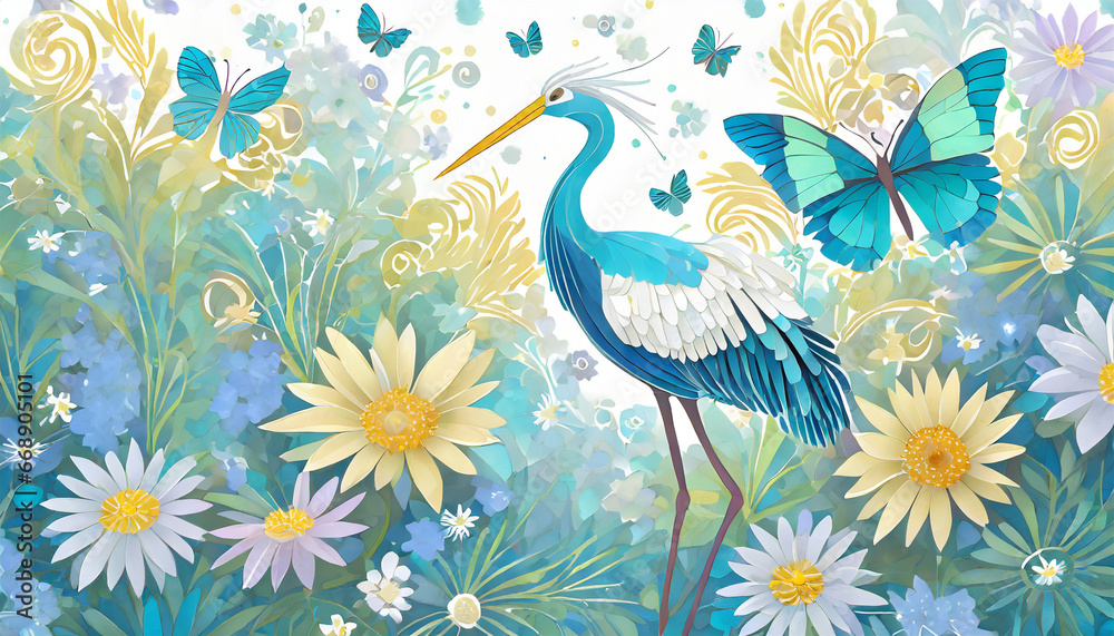 Crane with flowers and butterflies. Generative AI