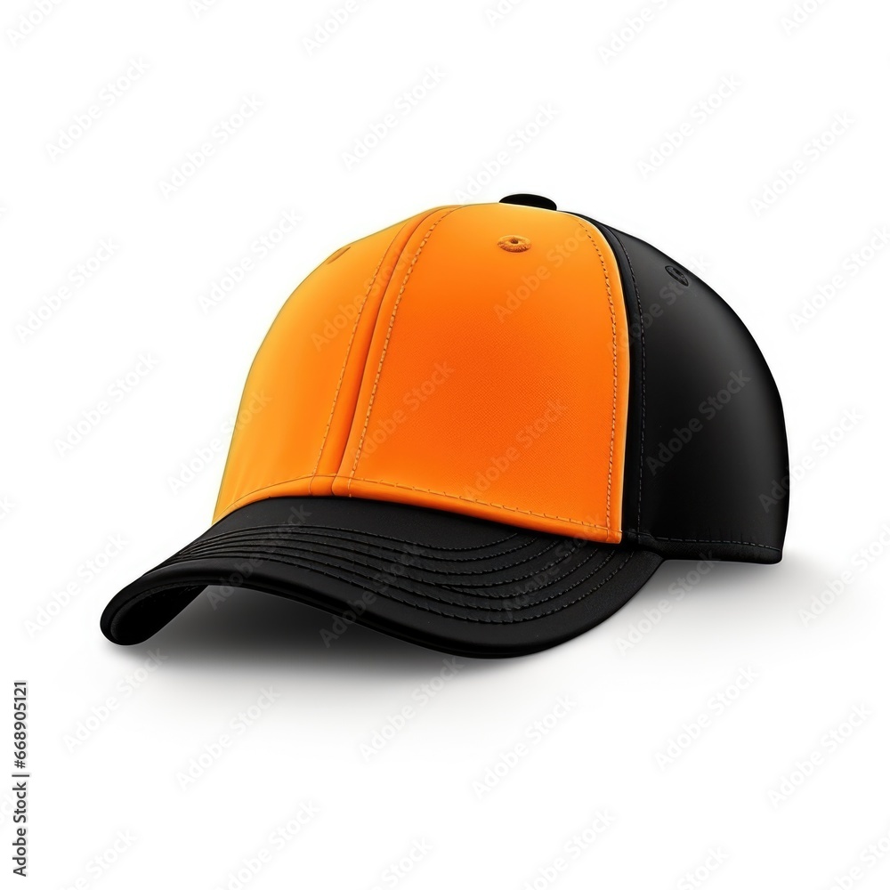 Fototapeta premium An orange and black baseball cap on a white background.