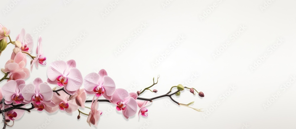 Orchid flowers on branches and slender bamboo grove Orchid flowers on branches and slender bamboo grove