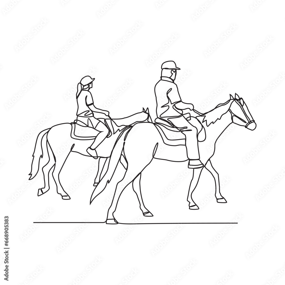 One continuous line drawing of people riding the horse. A jockey is someone who rides a horse in a race. Riding the horse in simple linear style vector illustration. Suitable design for your asset. One continuous line drawing of people riding the horse. A jockey is someone who rides a horse in a race. Riding the horse in simple linear style vector illustration. Suitable design for your asset.