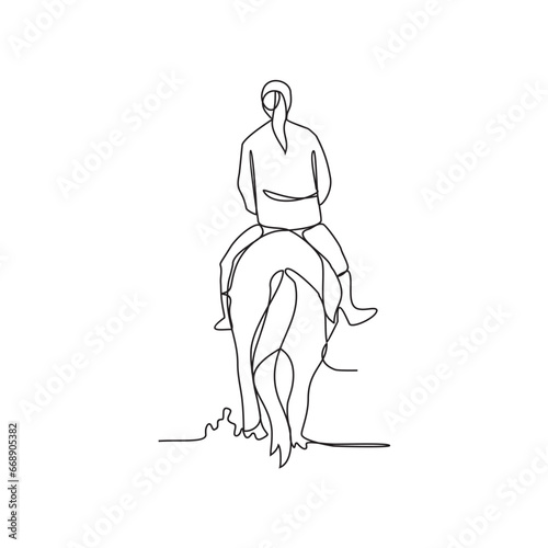 One continuous line drawing of people riding the horse. A jockey is someone who rides a horse in a race. Riding the horse in simple linear style vector illustration. Suitable design for your asset.