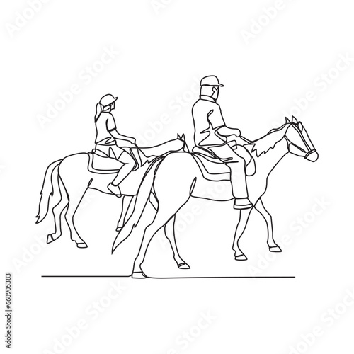 Fototapeta Naklejka Na Ścianę i Meble -  One continuous line drawing of people riding the horse. A jockey is someone who rides a horse in a race. Riding the horse in simple linear style vector illustration. Suitable design for your asset.