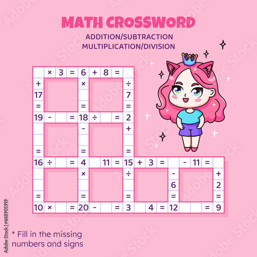 Math Crossword puzzle for kids. Addition, subtraction, multiplication and division