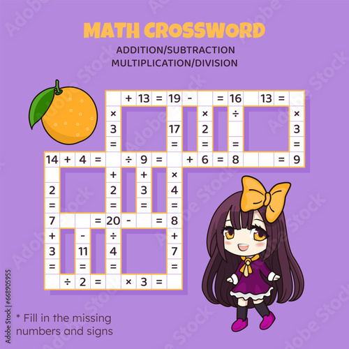 Math Crossword puzzle for kids. Addition, subtraction, multiplication and division
