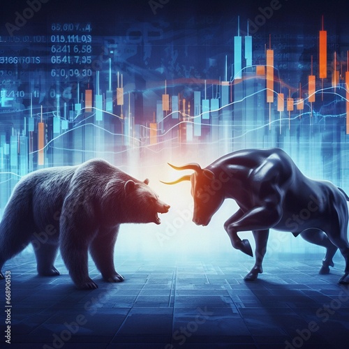 Stock market bears and bulls are fighting in front of stock market graphics - 3D illustration photo