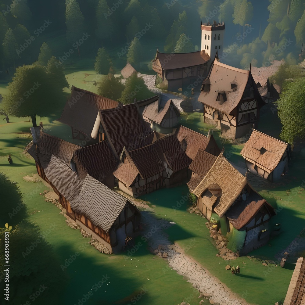 Naklejka premium 19 Design a medieval village under attack by pixel art dragons and knights defending it2