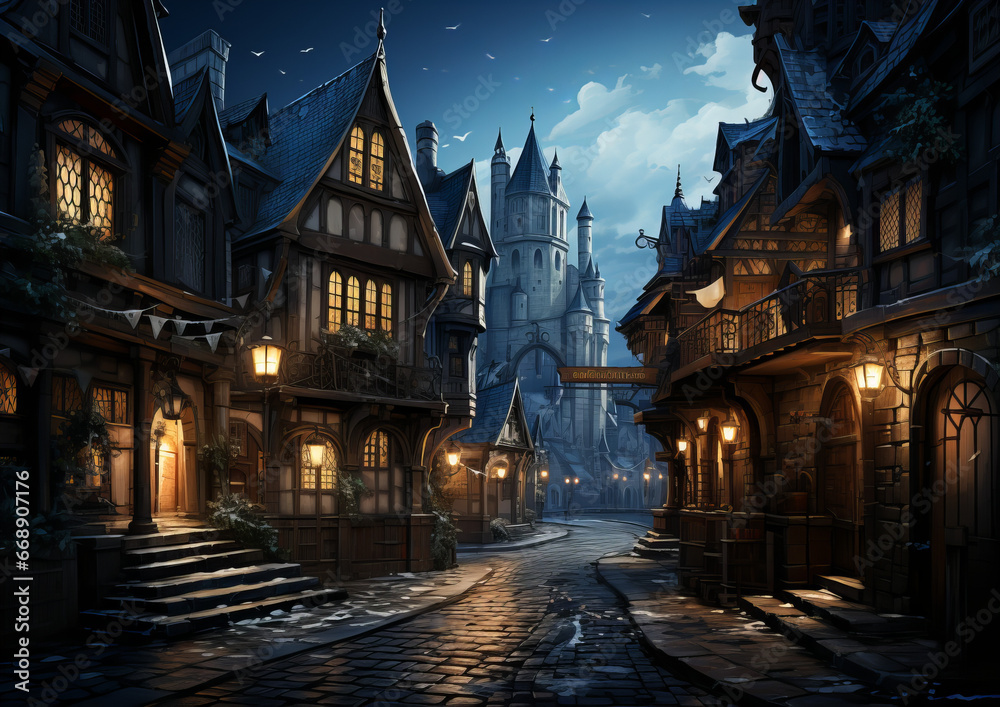 Naklejka premium Golden lights, silvery snow, and a city that dreams with its eyes open