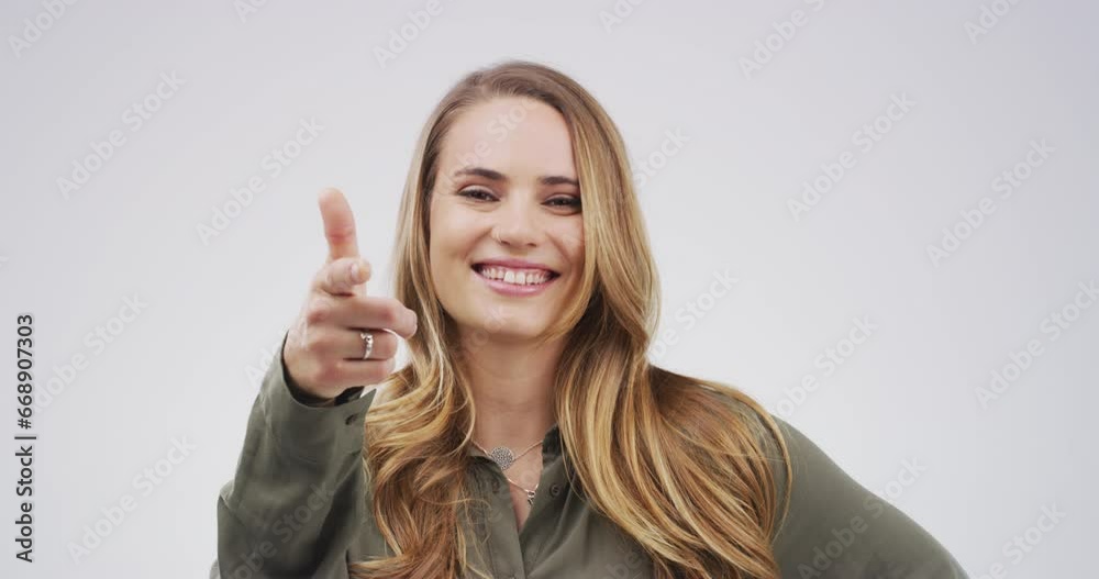 Face of woman with smile, pointing at you and choice for recruitment, vote or opportunity in studio. Decision, yes and girl with hand gesture showing offer, promo or deal on white background portrait Face of woman with smile, pointing at you and choice for recruitment, vote or opportunity in studio. Decision, yes and girl with hand gesture showing offer, promo or deal on white background portrait