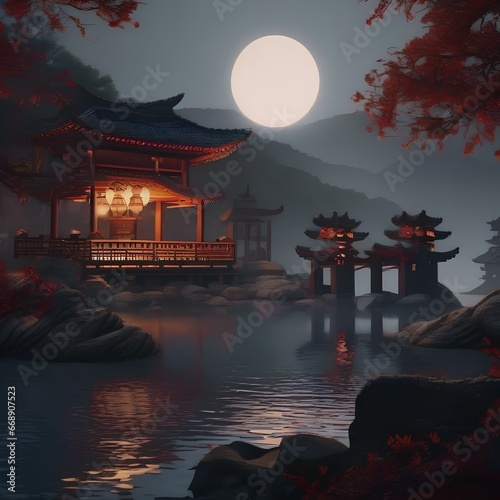 26 Render a pixel art ninja battling enemies in a moonlit, oriental landscape2 photo