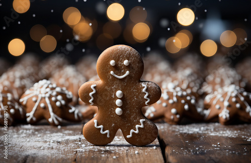 Amidst a snowy dessert setting, one gingerbread man stands tall, offering comfort and joy