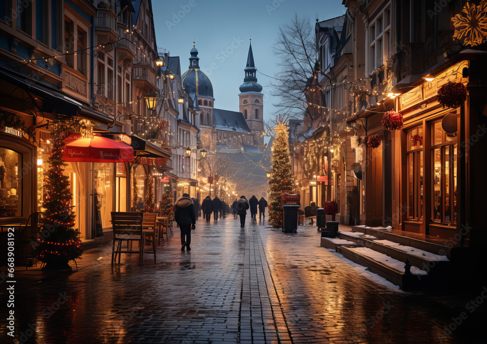 A winter wonderland unfolds in a charming old city, beckoning viewers to its magical embrace