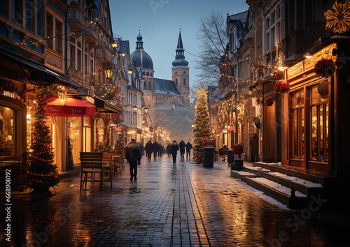 A winter wonderland unfolds in a charming old city, beckoning viewers to its magical embrace