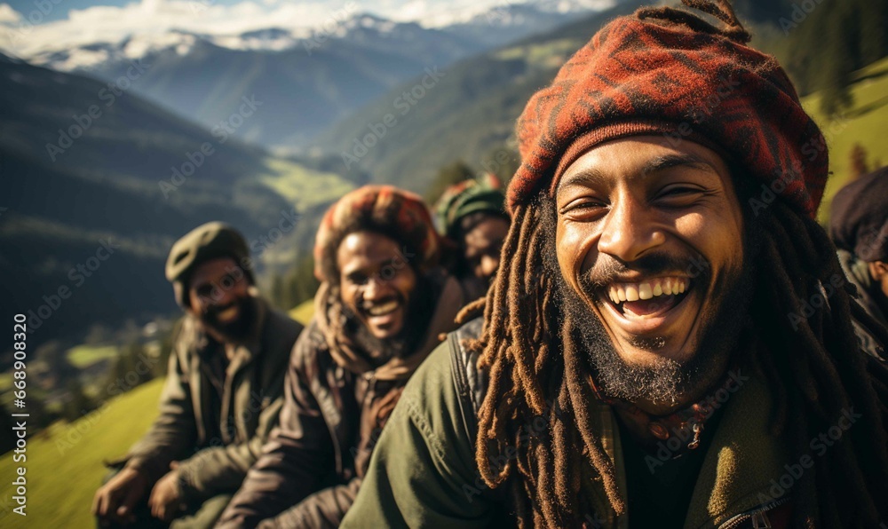 Fototapeta premium Smiling men enjoying mountain scenery in dreadlocks
