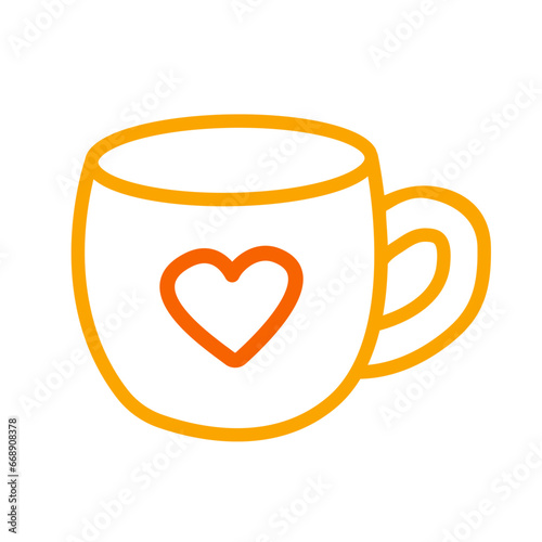 Easy simple outline coffee cup with heart. Doodle style mug isolated on white background