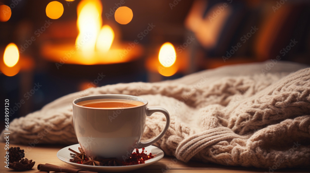 cozy fireplace in winter with a mug of tea cozy fireplace in winter with a mug of tea
