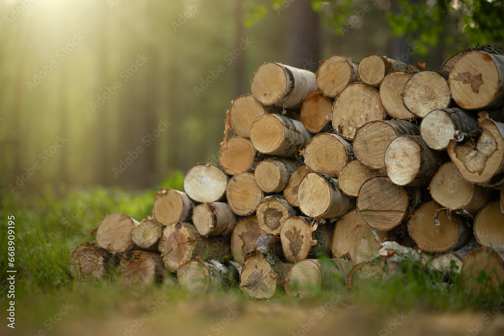 Round wooden firewood.Harvesting firewood for the winter.