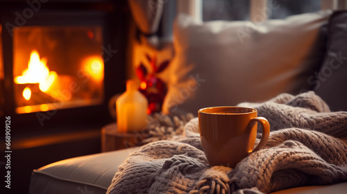 cozy fireplace in winter with a mug of tea