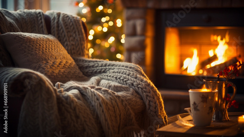 cozy fireplace in winter with a mug of tea