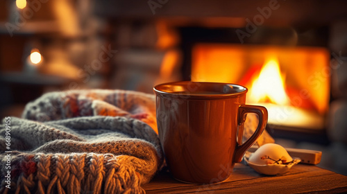 cozy fireplace in winter with a mug of tea