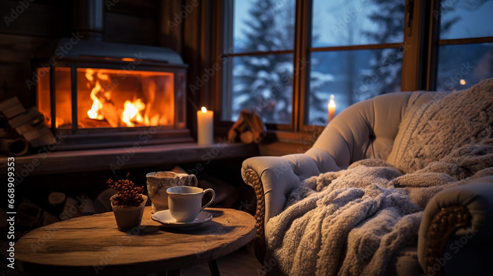 Fototapeta premium cozy fireplace in winter with a mug of tea