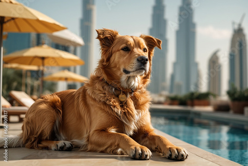 golden dog on the edge of a swimming pool in a 5 star hotel, dubai background, generative IA