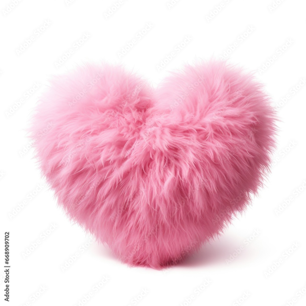 A pink fluffy heart on a white background. - obrazy, fototapety, plakaty 