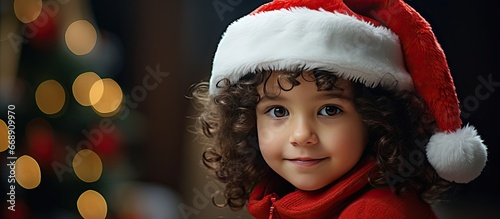 Nice little girl posed in front of a Christmas tree adorned with presents
