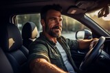 Middle-aged man inside a car, warmly greeting generative ai