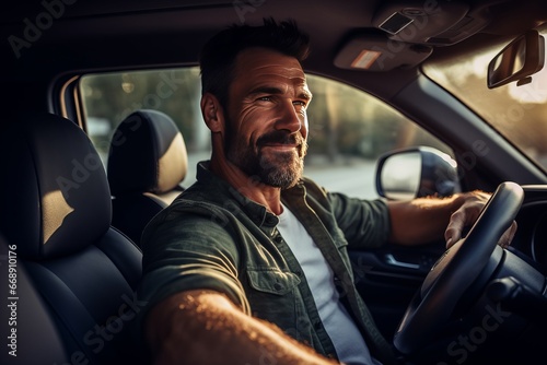 Middle-aged man inside a car, warmly greeting generative ai