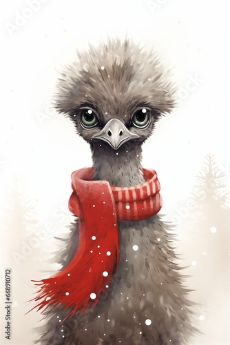 bird wearing scarf neck grey background illustration ostrich feathers unshaded top photo