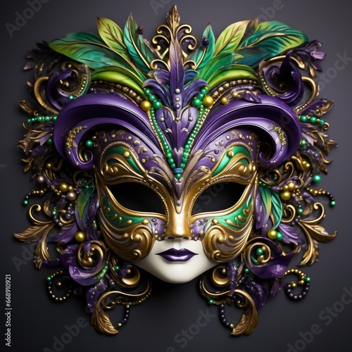 A close up of a mask on a black background. Mardi Gras decorative element.