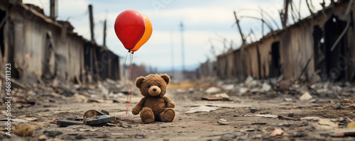 kids teddy bear toy with balloons over city burned destruction of an aftermath war conflict, earthquake or fire and smoke of world war against children peace innocence as copyspace banner