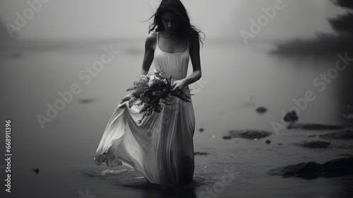  A beautiful half length black and white portrait of a dusky maiden walking through water in a flowing dress, she is holding a dainty bouquet of precisely arranged wild flowers, Generative AI photo