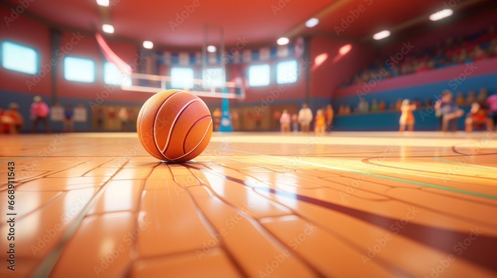 Close up basket ball in an arena blurred cinematic background, basket ball on floor Close up basket ball in an arena blurred cinematic background, basket ball on floor