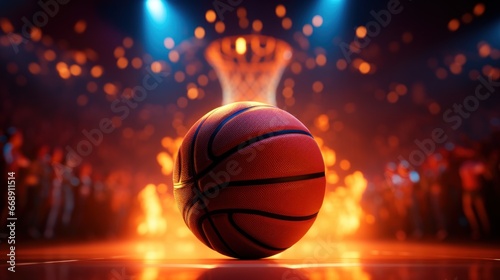 Close up basket ball in an arena blurred cinematic background, basket ball on floor